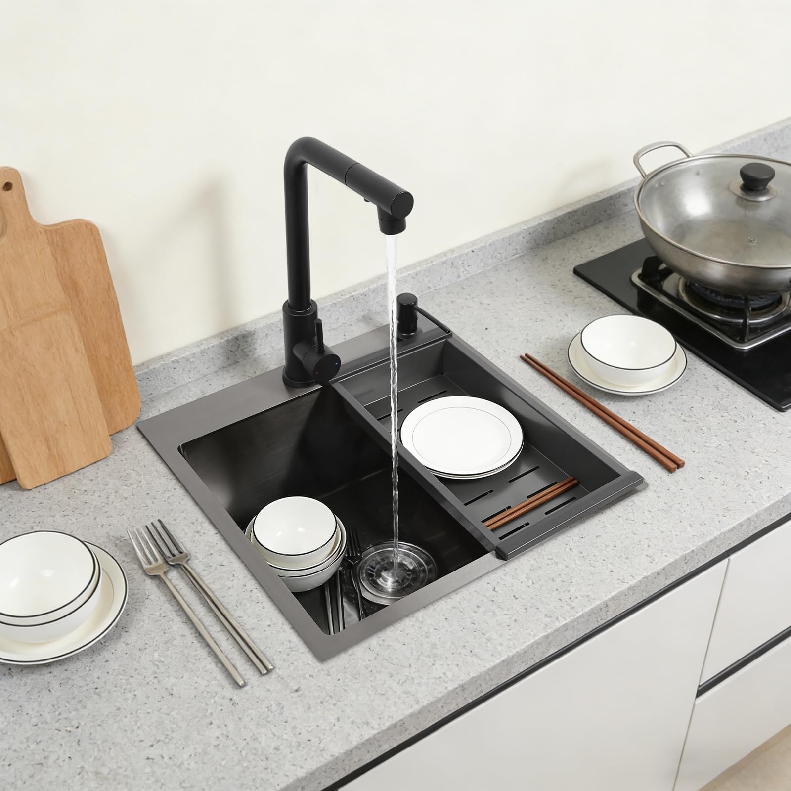 Edelstahl Küchenspüle Schwarz mit Ausziehhahn Nano Beschichtung | 45cm Spülbecken mit Zubehörset, Abtropfkorb, Siphon, Seifenspender für Küche, Restaurant, Haushalt