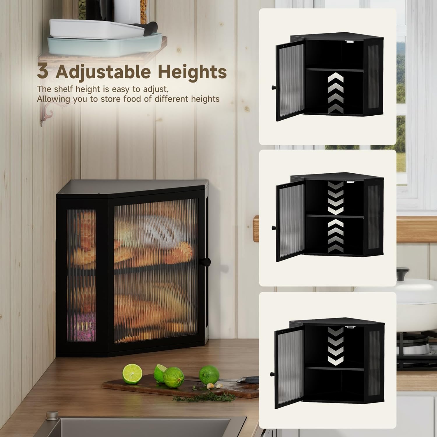 Corner Bread Box for Kitchen Countertop,Double Layer Large Capacity Bread Storage Bin, Bamboo Bread Container with Acrylic Door (Black, Mediun)