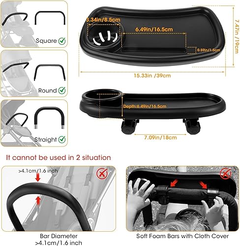 Miniatura 6 de D-BABE - Bandeja universal de aperitivos para cochecito soporte para tazas de bebé sin BPA, bandeja de alimentos que se mantiene en su lugar para