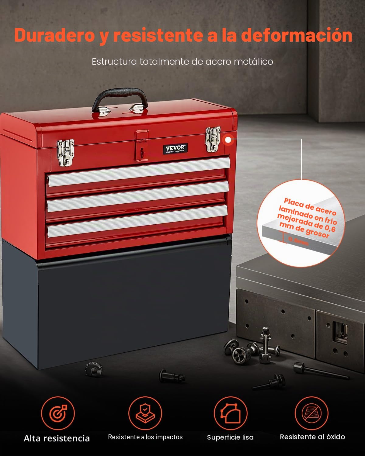 VEVOR Caja de Herramientas Portátil de Metal 520 x 218 x 304 mm, Cofre de Herramientas Pequeño con 3 Cajones y Revestimiento de EVA, Cajones Deslizantes con Cojinetes de Bolas con Cerradura, Rojo