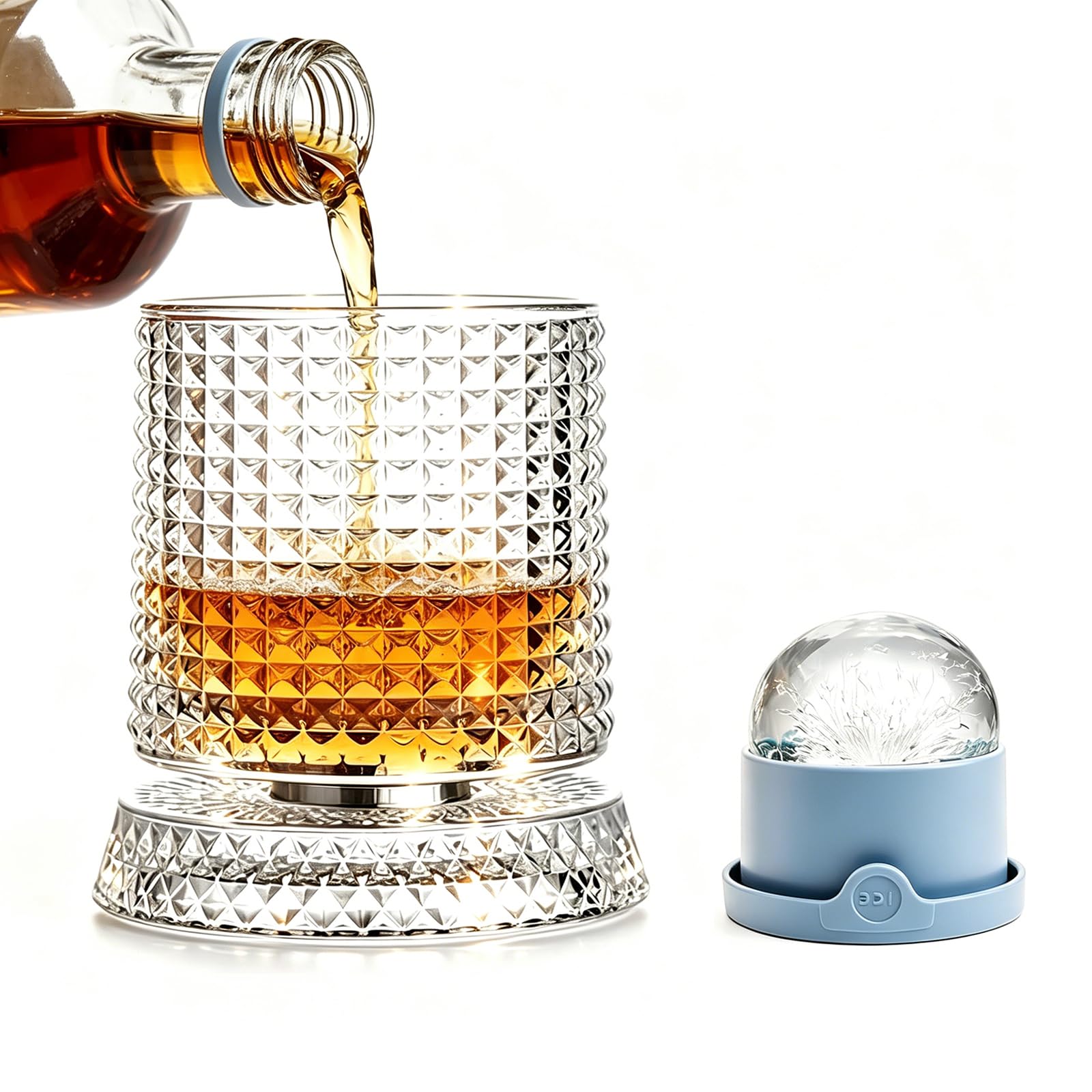 Bezvill Rotating Whiskey Glass with Large Ice Ball Mold, Single Spinning Crystal Bourbon & Old Fashioned Tumbler, 360° Kinetic Glassware for Home Bar, Unique Gifts for Men, Dad
