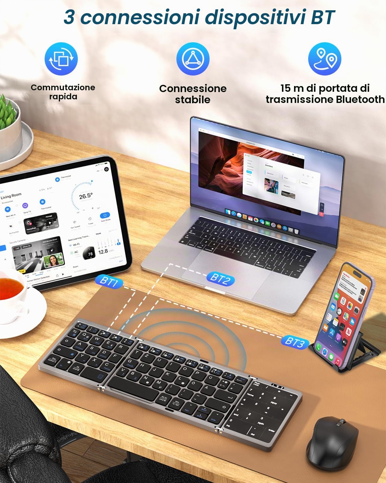 MoKo Tastiera Bluetooth Pieghevole, Tastiera Tedesca Portatile, QWERTY | Pieghevole con Touchpad e Pad Numerico, Tastiera Ricaricabile Multi Dispositivo per Windows, iOS, Android Tablet/Phone