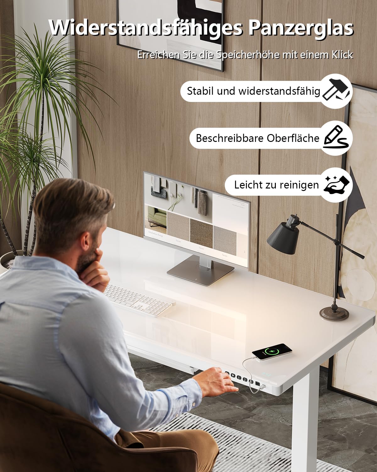 Homall Glas Höhenverstellbarer Schreibtisch, 140 x 70 cm Elektrischer Höhenverstellbarer Schreibtisch mit Schublade, Sitz- und Steh-Schreibtisch für Home Office, weiß