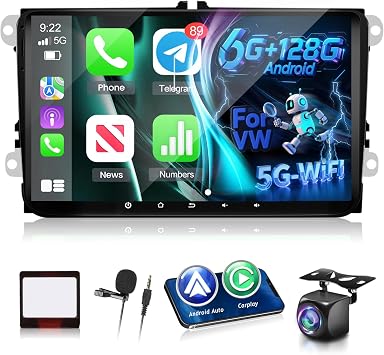 [6+128] Volxcereo Car Radio for Volkswagen VW Passat Jetta Tiguan Golf MK5 MK6 T5 EOS Polo, 9 inch Android Touchscreen Stereo with Carplay/Android Auto, GPS, WiFi, Bluetooth, SWC, FM/RDS