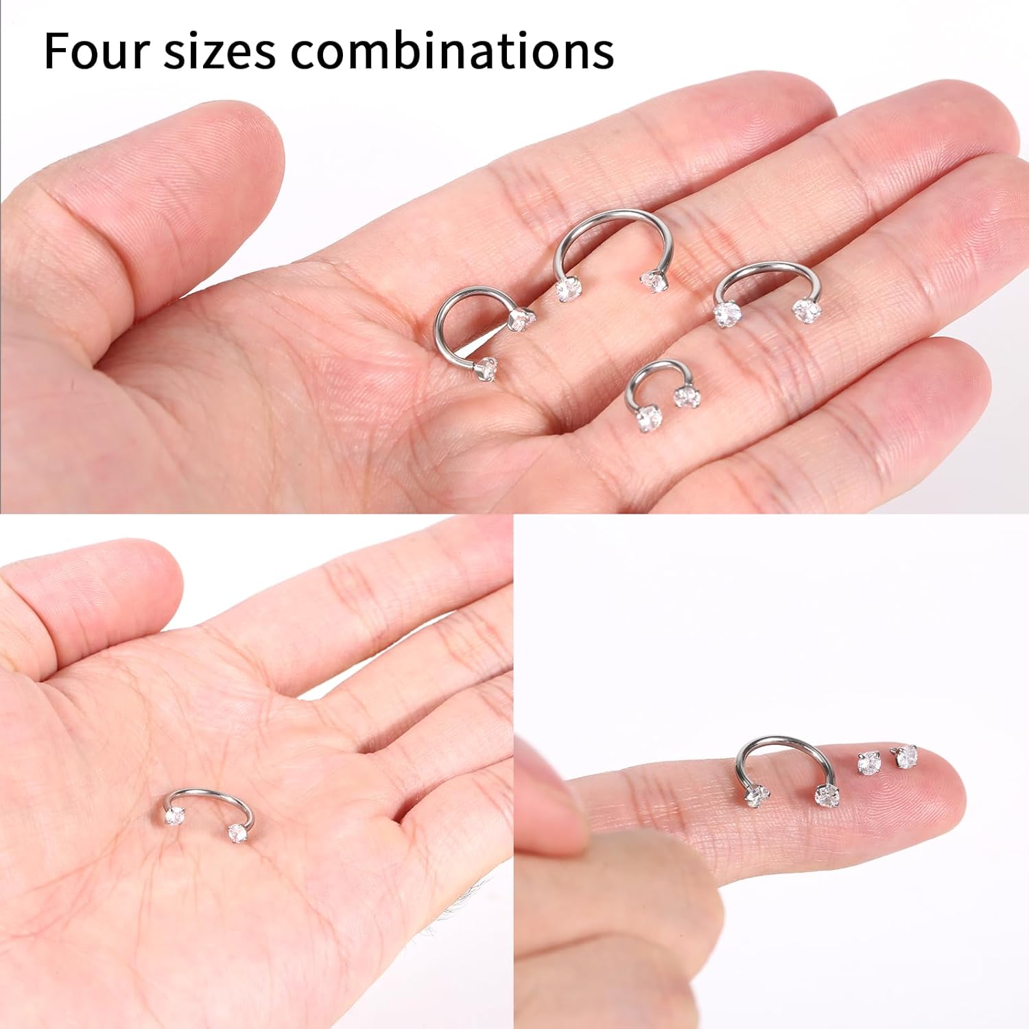 4pcs Horseshoe Nose Rings, 316 Stainless Steel Double Septum Stud Nose Ring 16g Lip Hoops Cubic Zirconia Daith Piercing Jewelry Accessories for Women, Inner Diameter 6/8/10/12mm - Image 6