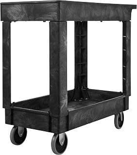 Rubbermaid Commercial 2-Shelf Utility Cart with Wheels - 500 lb Capacity, Heavy Duty Black Service Cart for Warehouse, School, Restaurant