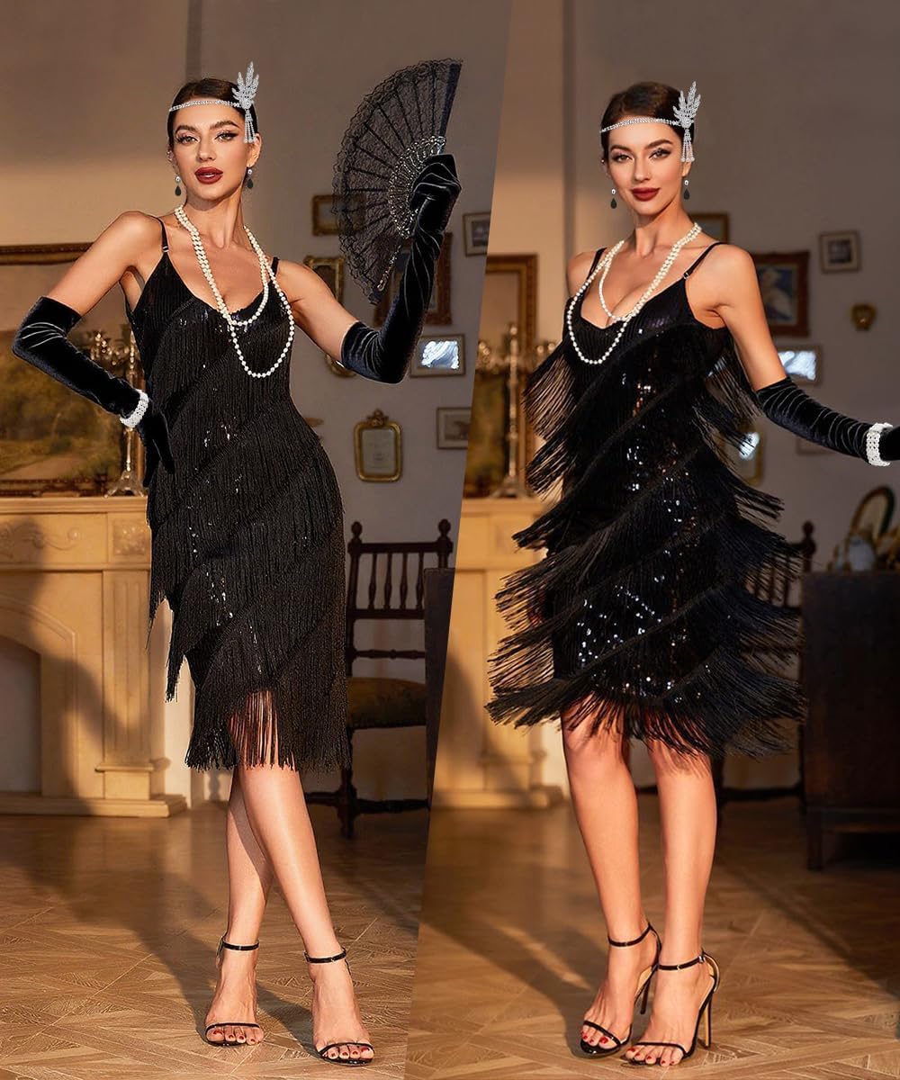 20er Jahre Kostüm Damen Set, 1920er Flapper Charleston Kleid mit Pailletten und Fransen, Gatsby Kleid Vintage Outfit Accessoires für Karneval, Halloween, Fasching & 20s Motto Party