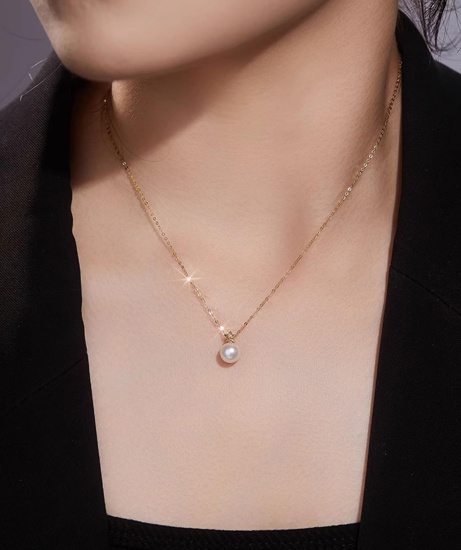 Collar de perlas de oro amarillo de 9 K/14 K/18 K, elegante collar con colgante de estrella de agua salada de 7-7,5 mm y diamante de 0,01 quilates para mujer, oro real