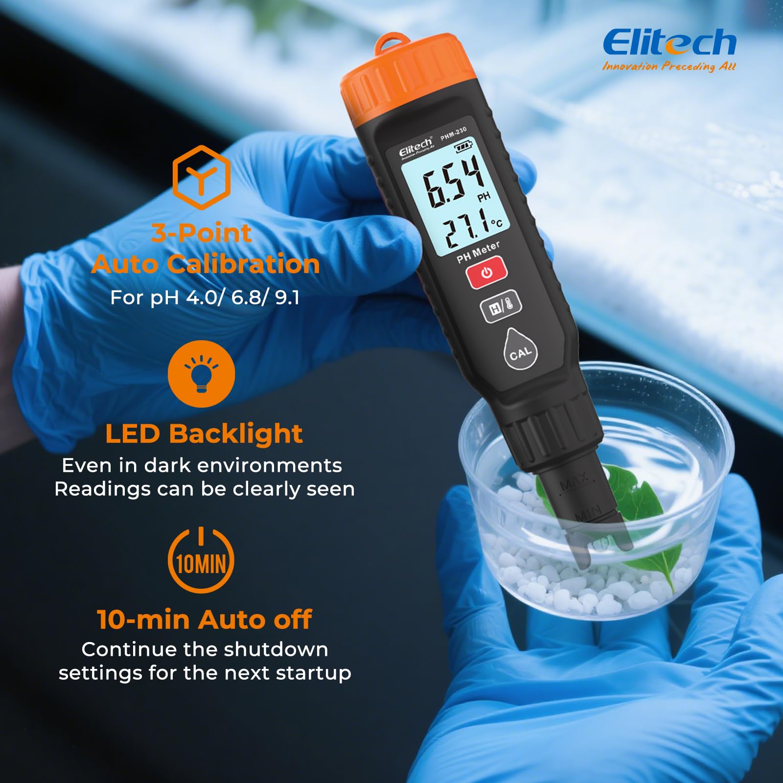 Medidor de pH Elitech con Indicador de Temperatura 0-14 pH ±0.05 de Precisión, Tester pH Calibración Automática, Retroiluminación con Alarmas de Color PHM-230