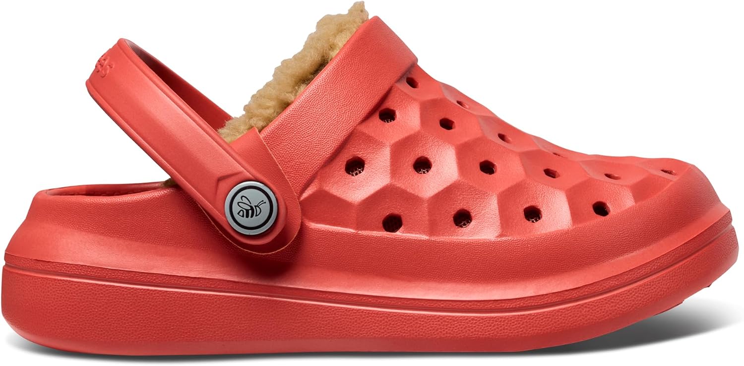 Joybees Kids Varsity Lined Clog - Fur Lined Clogs with Removable Western Sherpa Liner, Everyday Fuzzy Winter Shoes for Girls and Boys, Indoor or Outdoor Red