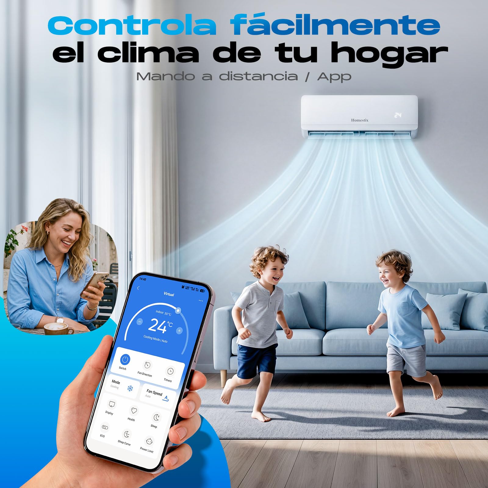 Aire Acondicionado Split 12000 BTU con Bomba de Calor, Refrigeración, Calefacción, Deshumidificación y Ventilación, Súper Silencioso,Control por Mando y App,Temporizador 24h,Modo Sueño y Eco