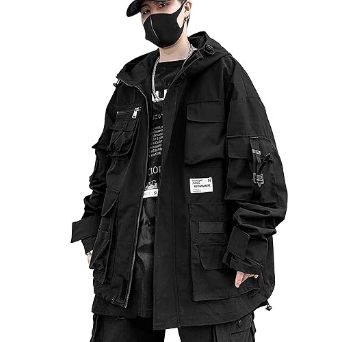 XYXIONGMAO Gothic Clothes Tactical Techwear Zipper Jacket Windbreaker Hooded Streetwear Jackets for Men - XX-Large - Black