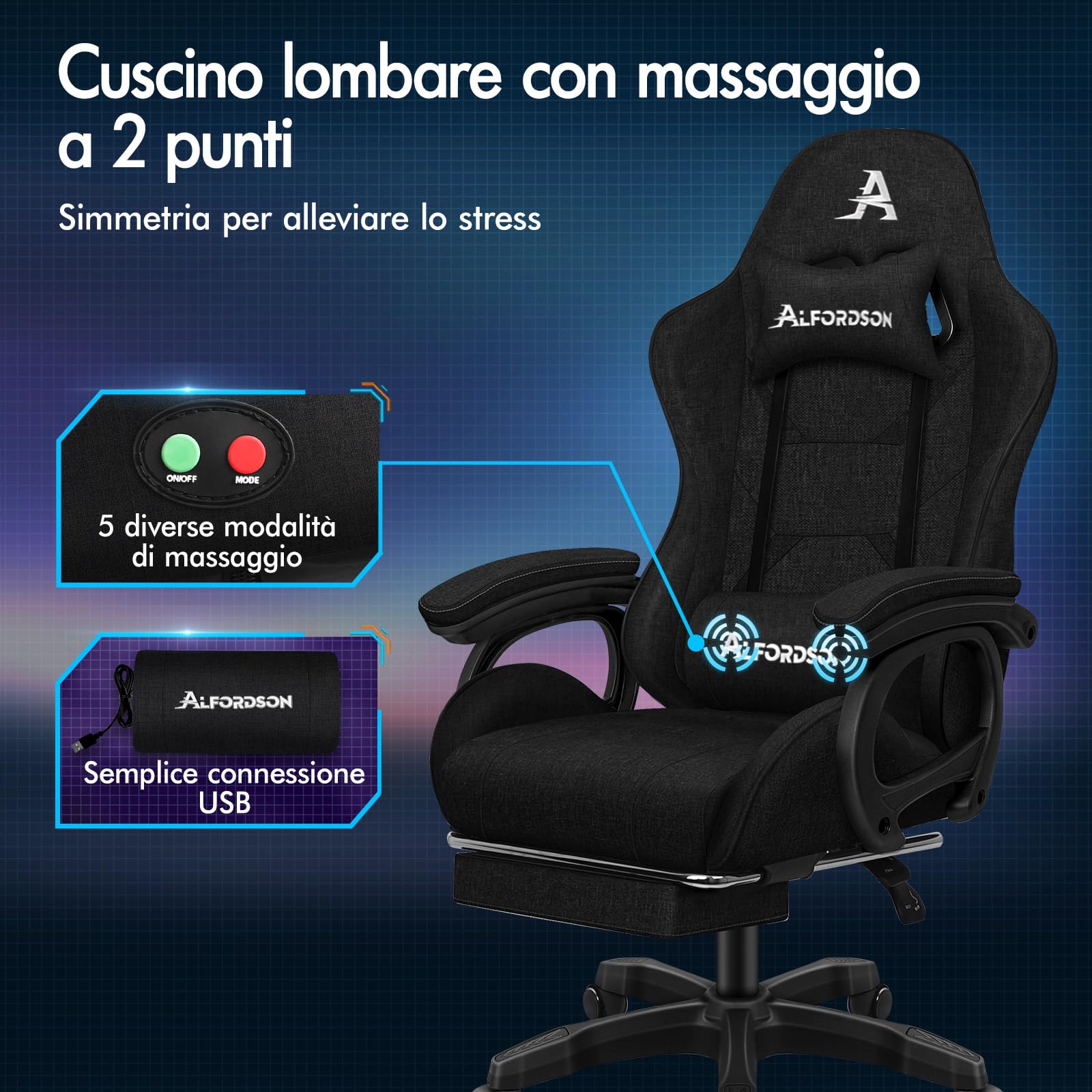ALFORDSON Sedia da Gaming, Sedia da Corsa con Massaggio a 2 Punti per Gioco, Sedia da Computer ergonomica con Cuscino Lombare, Altezza Regolabile, Tessuto, Nero