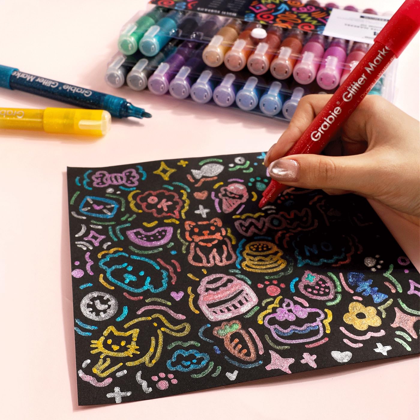 Grabie 24 Glitter Metallic Markers, Medium Tip Glitter Acrylic Paint Markers, Quick-Drying Water-based Ink Glitter Pens for Adults, DIY Crafts Making, Set of 24: Medium Tip 24 Colors Pack of 24