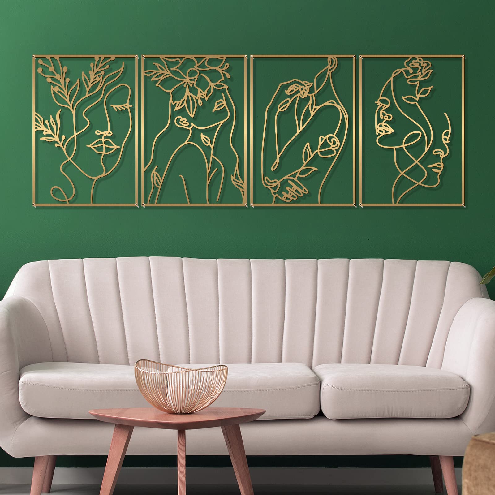 Glamativity 4 Pack Gold Wall Art Decor, Female Flower Face Lover Minimalist Décor Single Line Art Wall Décor