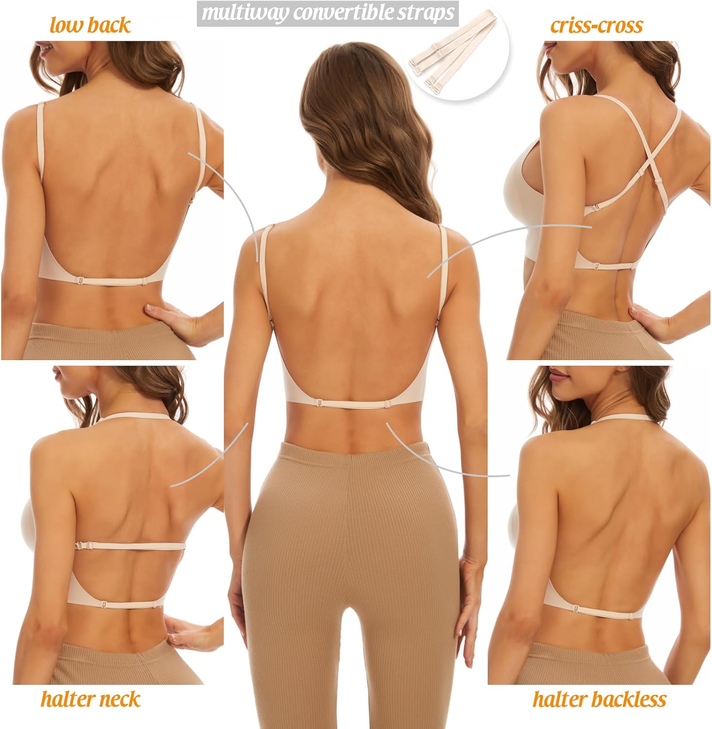 Low Back Bra for Women Wirefree Seamless Bra Backless Multiway Straps Convertible Halter Bra with Padded Removeable - Image 2