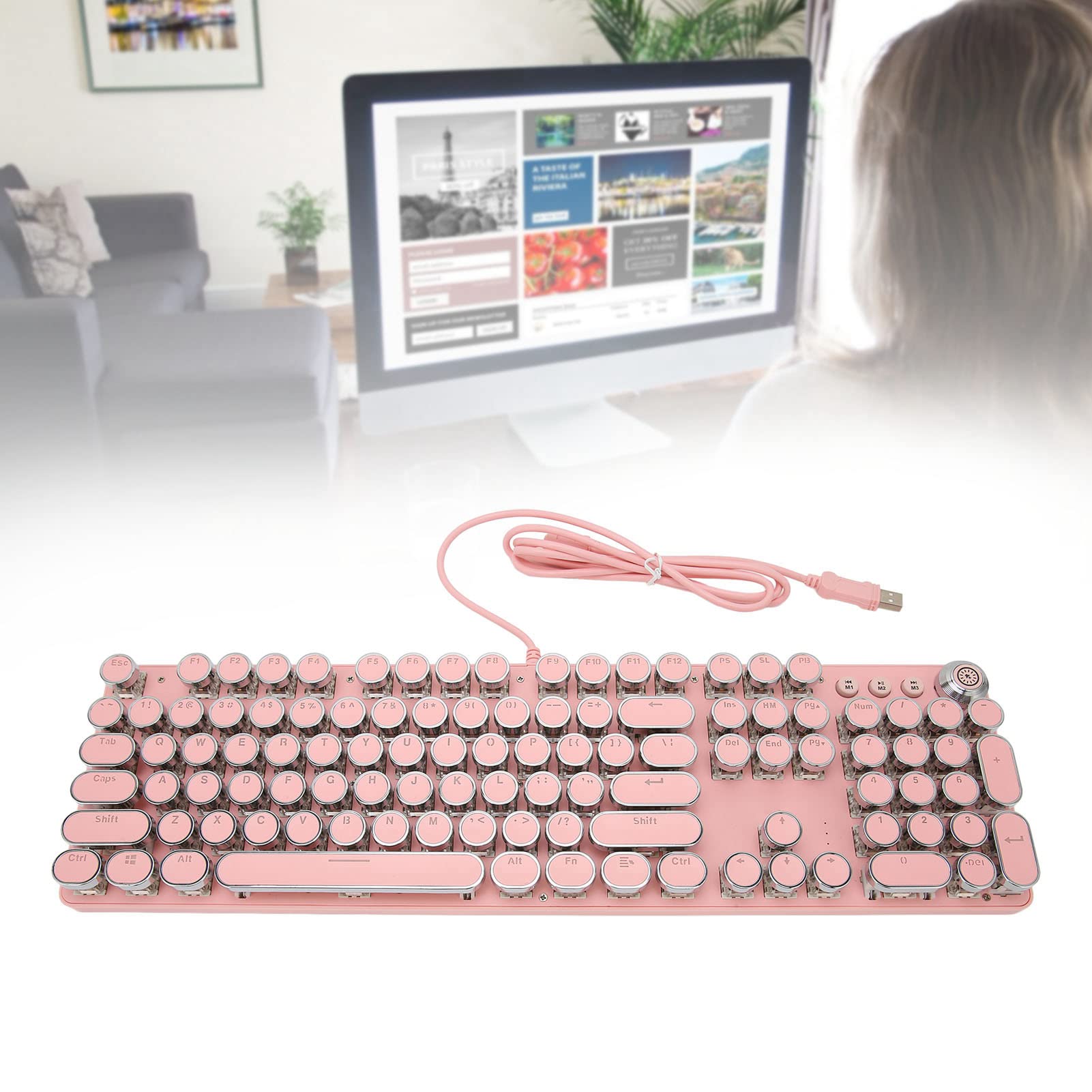 ASHATA Clavier Mécanique de Jeu, Style Machine à écrire Punk Rétro, Clavier de Jeu Filaire 104 Touches, 9 Modes D'éclairage, pour Ordinateur de Bureau Portable PC(902-7 Punk Rose)