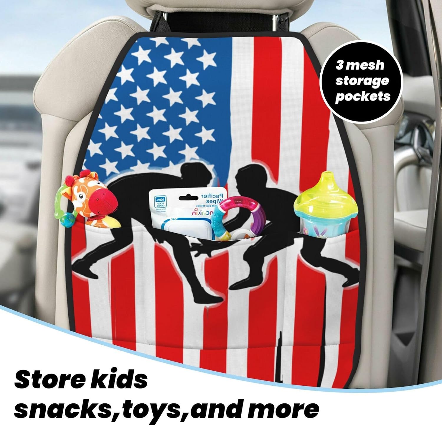Wrestling U.S. Flag 2-Piece Set of Car Seat Kick Protectors for Front Seat Backrests