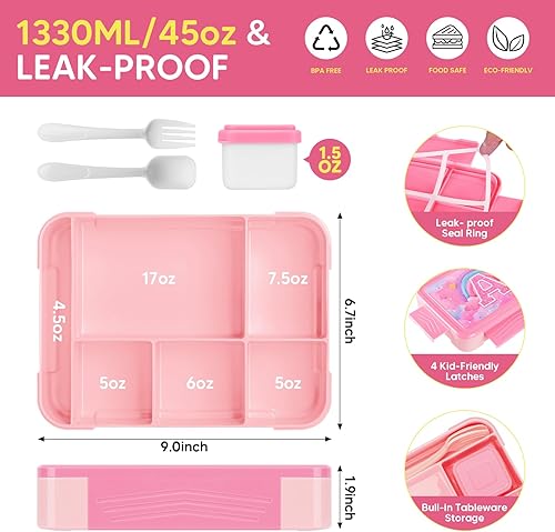 Miniatura 5 de JYPS Lonchera para niñas, lonchera aislada, caja Bento para niños con 6 compartimentos, botella de agua, bolsa de hielo, contenedor de ensalada,