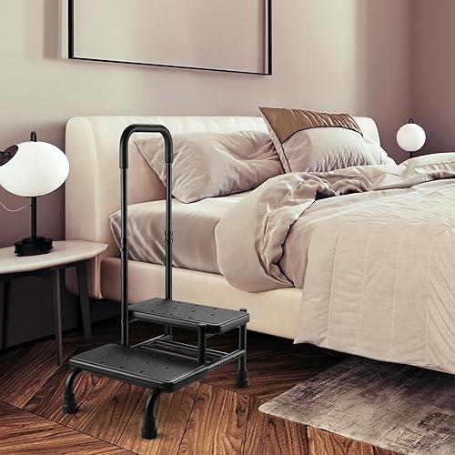 Miniatura 7 de Taburete con asa, plataforma antideslizante y pasamanos ajustable, taburete de dos escalones para personas mayores, adultos y discapacitados,