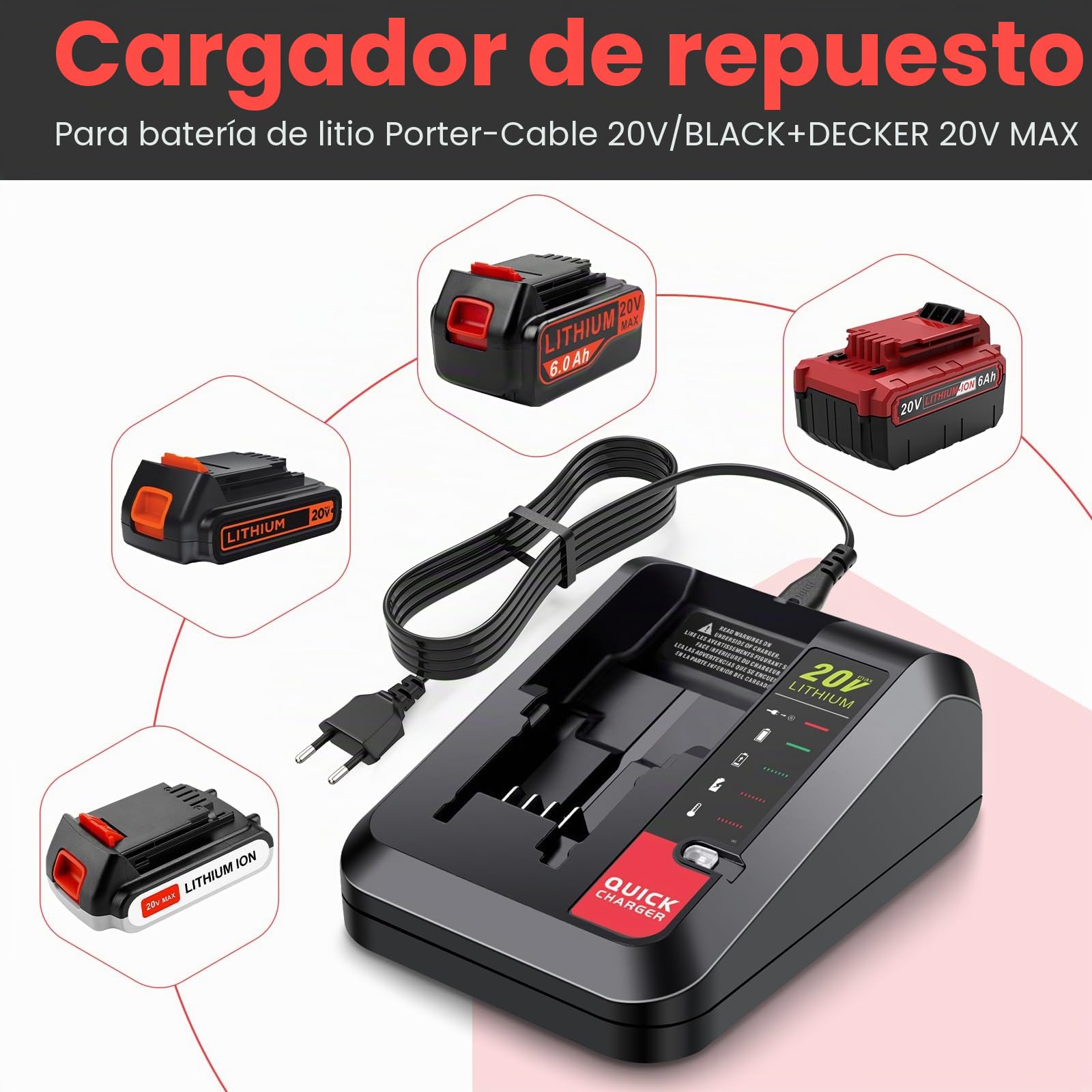 ASUNCELL Cargador de batería de ion de litio de 2 A, compatible con batería de litio Black+Decker, cargador rápido de 18 V