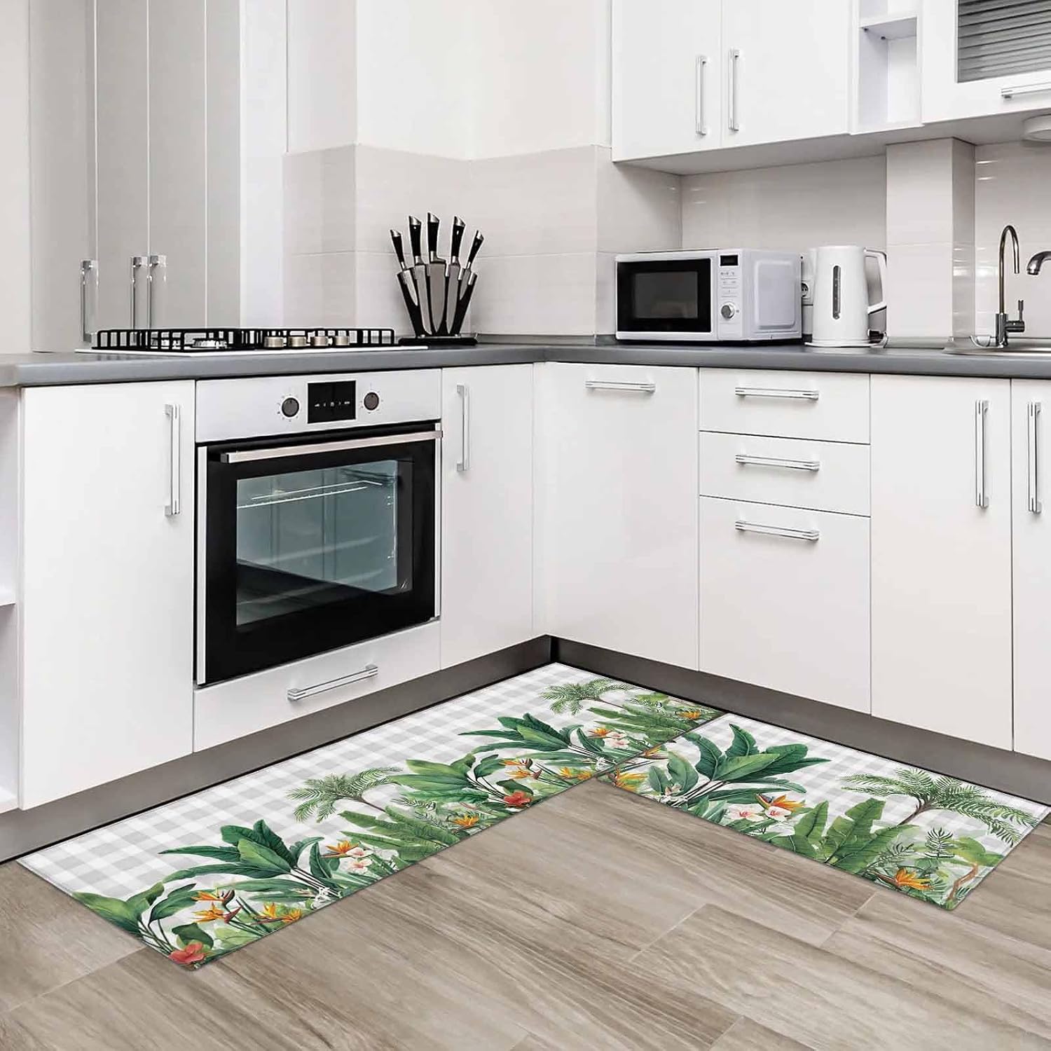 Teamery Kitchen Mats for Floor Summer Tropical Garden Washable Non Slip Kitchen Rugs 2PCS, Green Botanical Gray White Plaid Absorbent Standing Mats for Sink Office Living Room 15.7x23.6in+15.7x47.2in