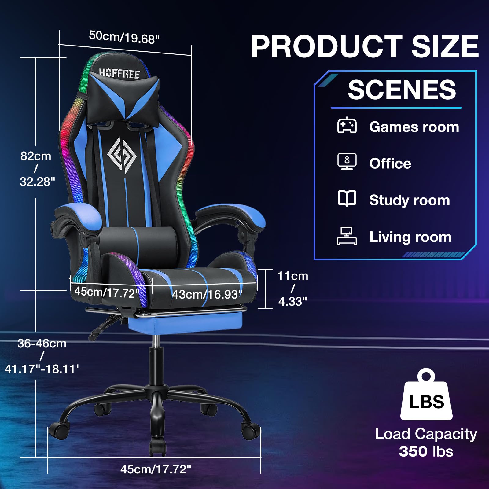 Gaming Chair with Bluetooth Speakers and RGB LED Lights Ergonomic Massage Video Game Chair with Footrest High Back with Lumbar Support Blue and Black