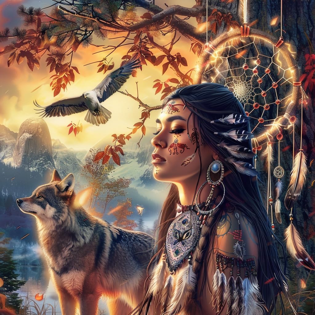 Generic American Native Indian Girl and Wolf DIY 5D Diamond Paint Kits for Adults Round Full Drill Diamond Art Easy for Beginner Gems Cross Stitch
