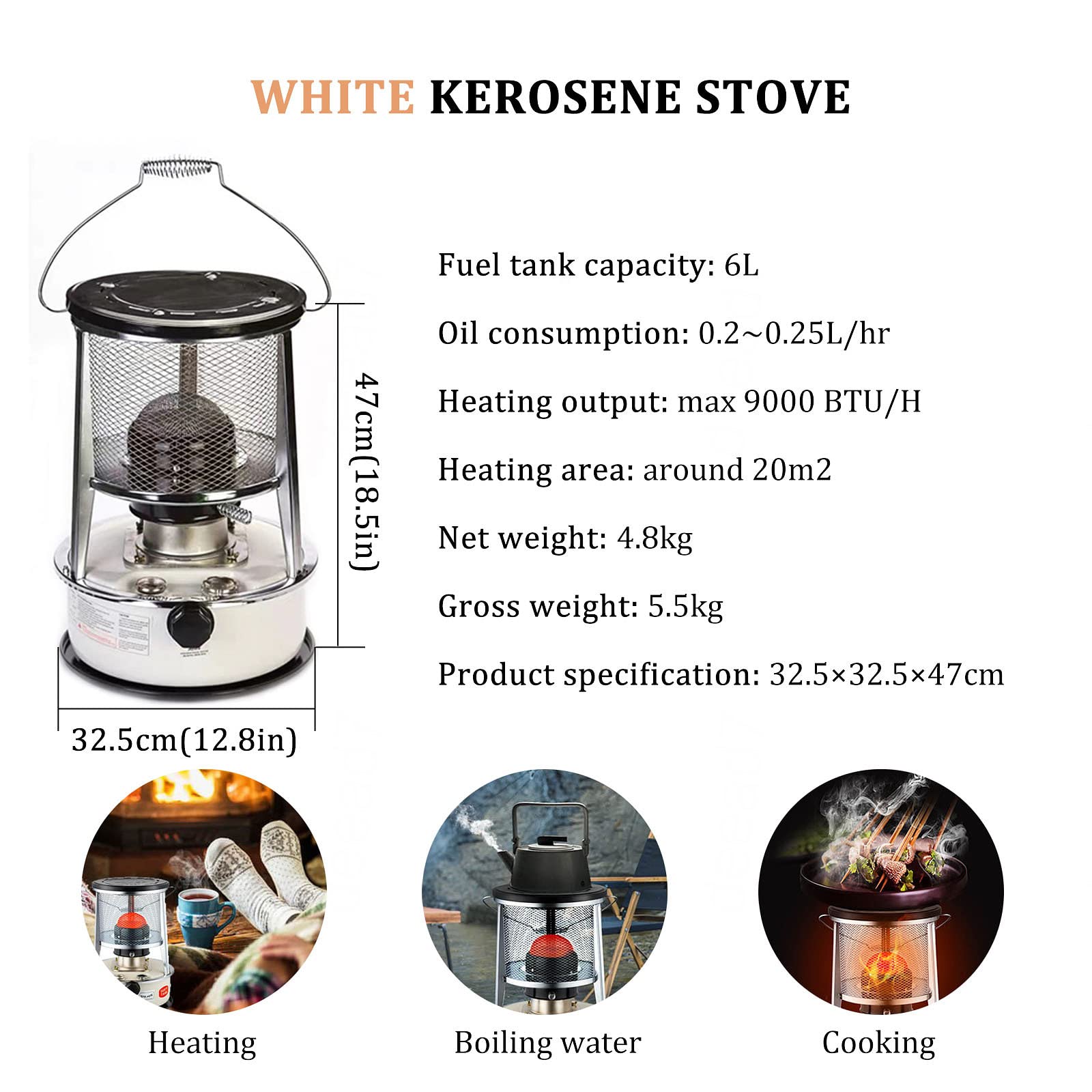 Petroleumofen Für Zuhause,Tragbarer Petroleumheizung,Petroleumkocher Brenner Für Den Innenbereich,Effiziente/Ohne Strom Petroleum Ofen,Für Outdoor Camping Zelte Terrasse,White-6L-32.5×32.5×47cm
