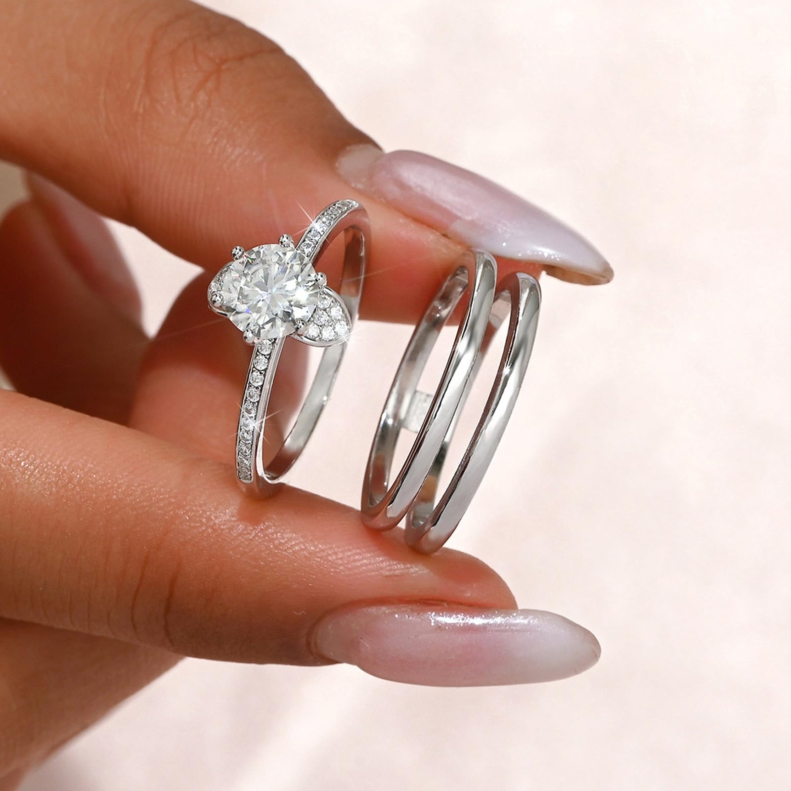 Set di anelli in oro bianco 9 carati, da donna, con moissanite, gioielli in vero oro, Au375, misura 54 (17,2)
