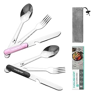 HAUSHOF 2-Pack 4-in-1 Camping Utensils, Stainless Steel Camping Eating Utensils with Carrying Bag, Detachable Spoon, Fork, Knife, Bottle Opener - Travel Utensil Set for Hiking, Picnic, Barbecue