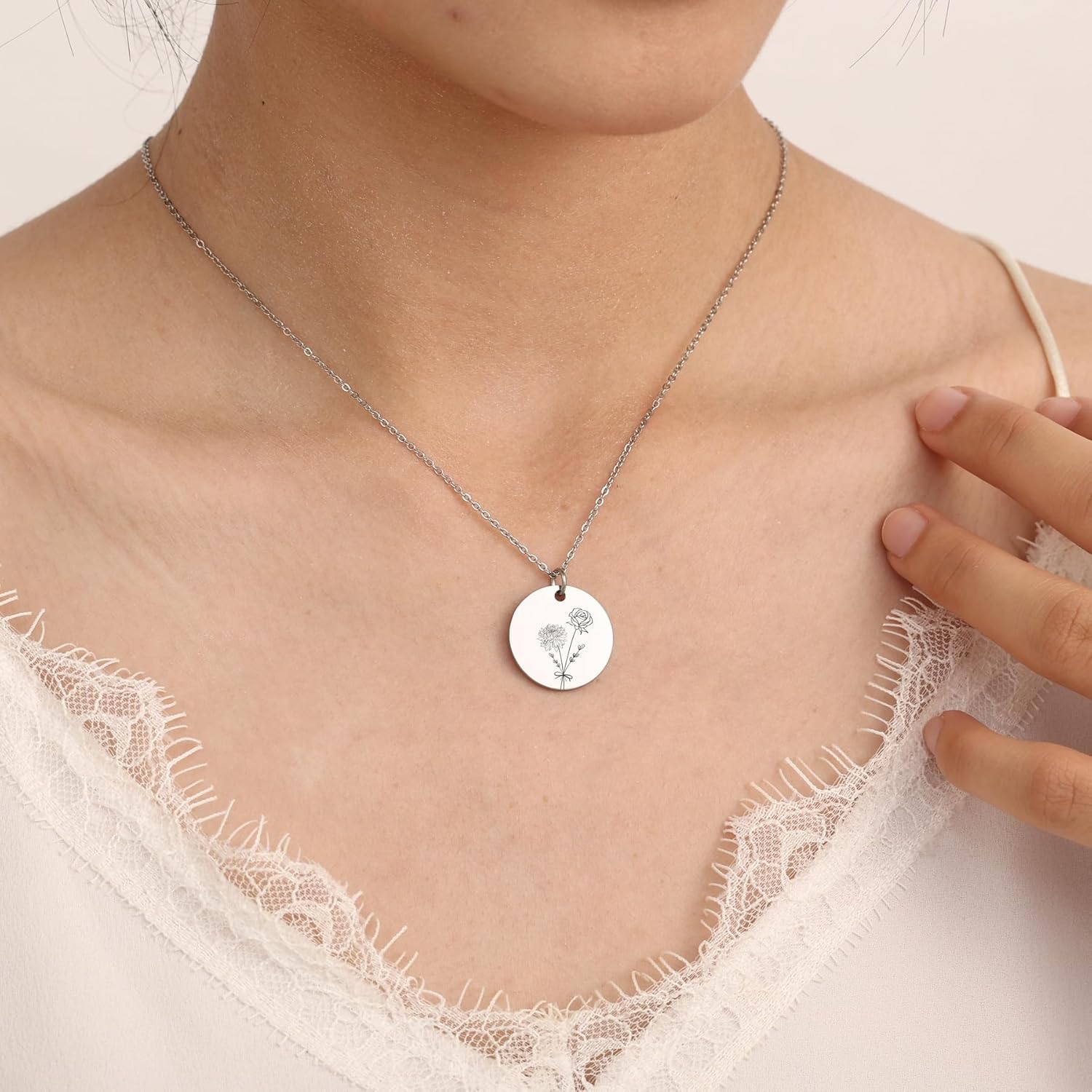 MeMeDIY Personalized Birth Flower Necklace for Women Floral Coin Necklace Stainless Steel Round Pendant with BirthStone Rose Gold/Silver/Gold Engraved Flower Bouquet Necklace - Image 5