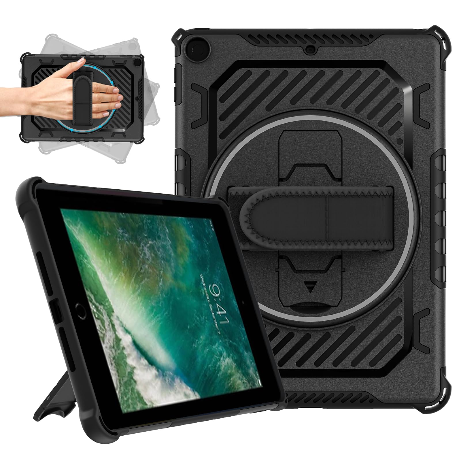 ROISKIN Case for iPad 6th/5th Generation 9.7 Inch 2017/2018: Heavy Duty Shockproof Rugged Protective Cover for iPad Air 2/ Pro 9.7 with 360 Rotation Stand/Hand Strap for Kids Boys Girls (Black)
