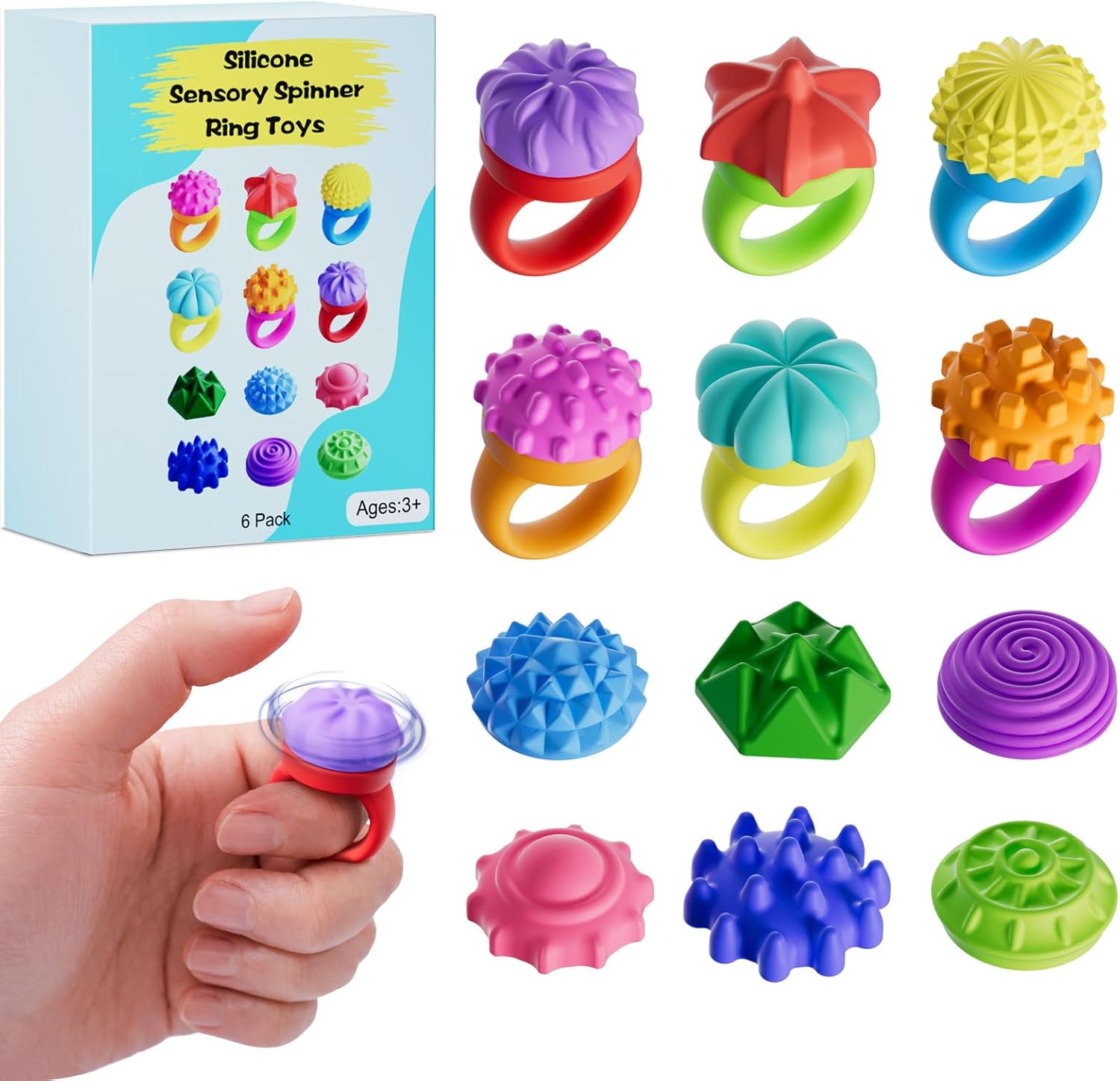 Fidget Toys for Kids Teens,6PCS Sensory Spinner Ring Toys for Stress Anxiety Autistic ADHD, Calm Down Travel Airplane Essentials Students Prizes Toys, Stocking Stuffers Gifts for Boys Girls