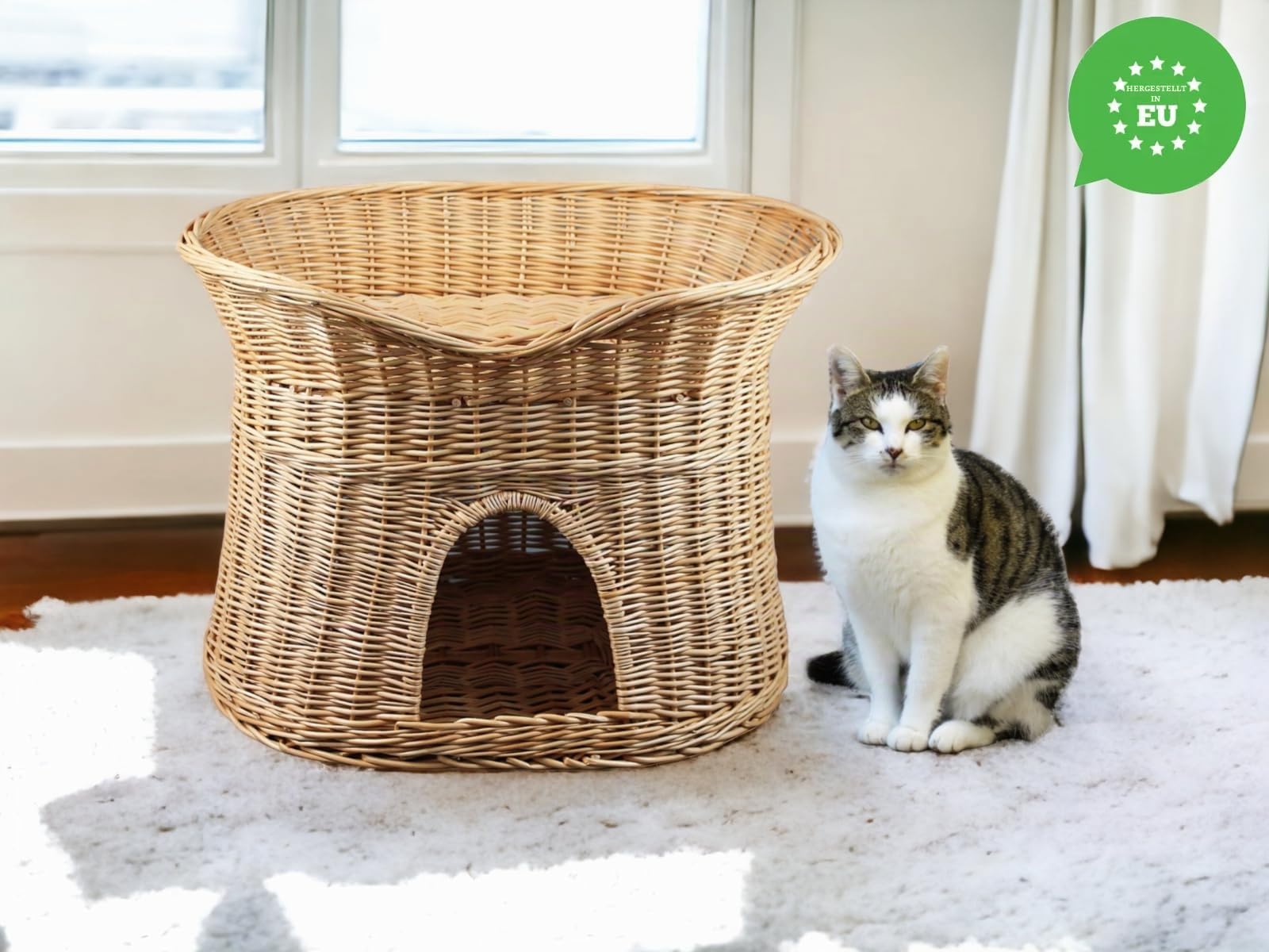 Katzenkorb zum Schlafen – Katzenhütte Indoor – Größe L: 60 cm oval – Katzenhöhle aus Weide – Zweistöckiger Hunde – oder Katzenbett – Natürliche Korbfarbe