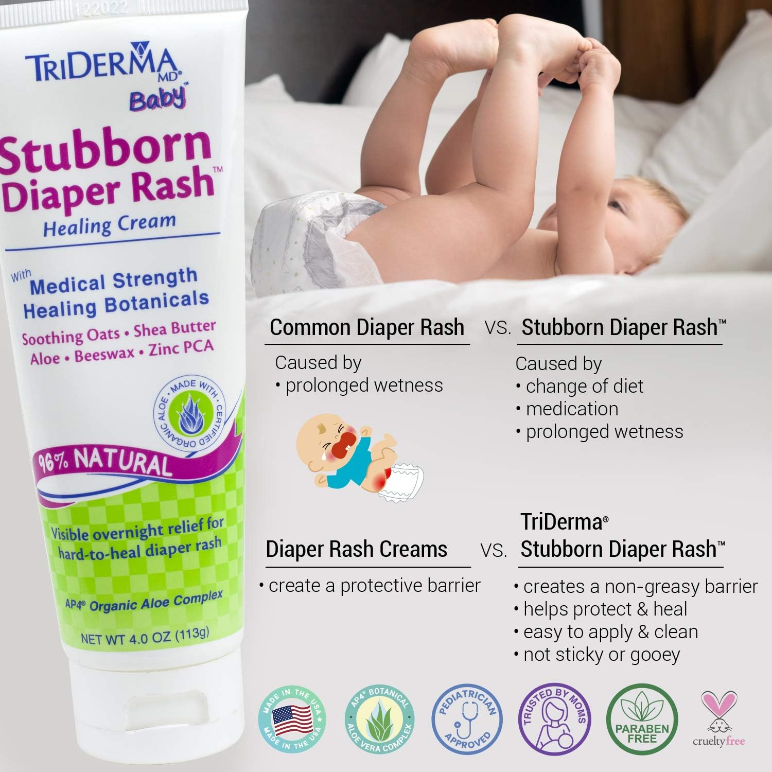TriDerma Baby Stubborn Diaper Rash Healing Cream, 4 Ounces : Baby