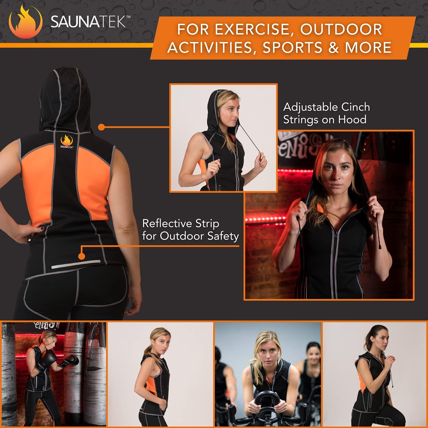 SaunaTek Women's Sauna Sweat Suit Paneled Hooded Vest for Exercise and Heat Training, Neoprene, Small : Sports & Outdoors