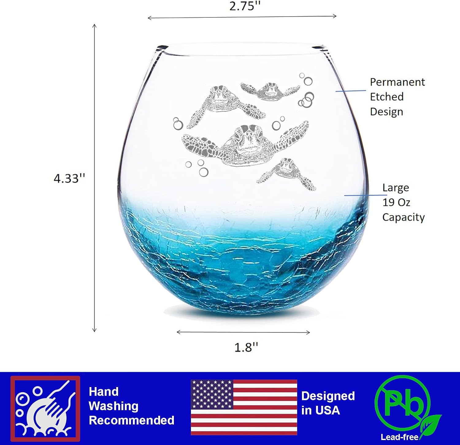 Sea Turtle Gifts for Women, Etched Sea Turtles Family Handmade Engraved Crackle Turquoise Beach Wine Glass With Velvet Gift Box 18 Ounces - Image 7