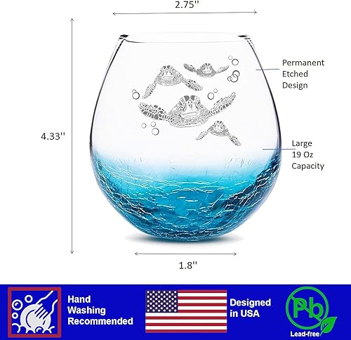 Miniatura 7 de Sea Turtle Gifts for Women, Etched Sea Turtles Family Handmade Engraved Crackle Turquoise Beach Wine Glass With Velvet Gift Box 18 Ounces