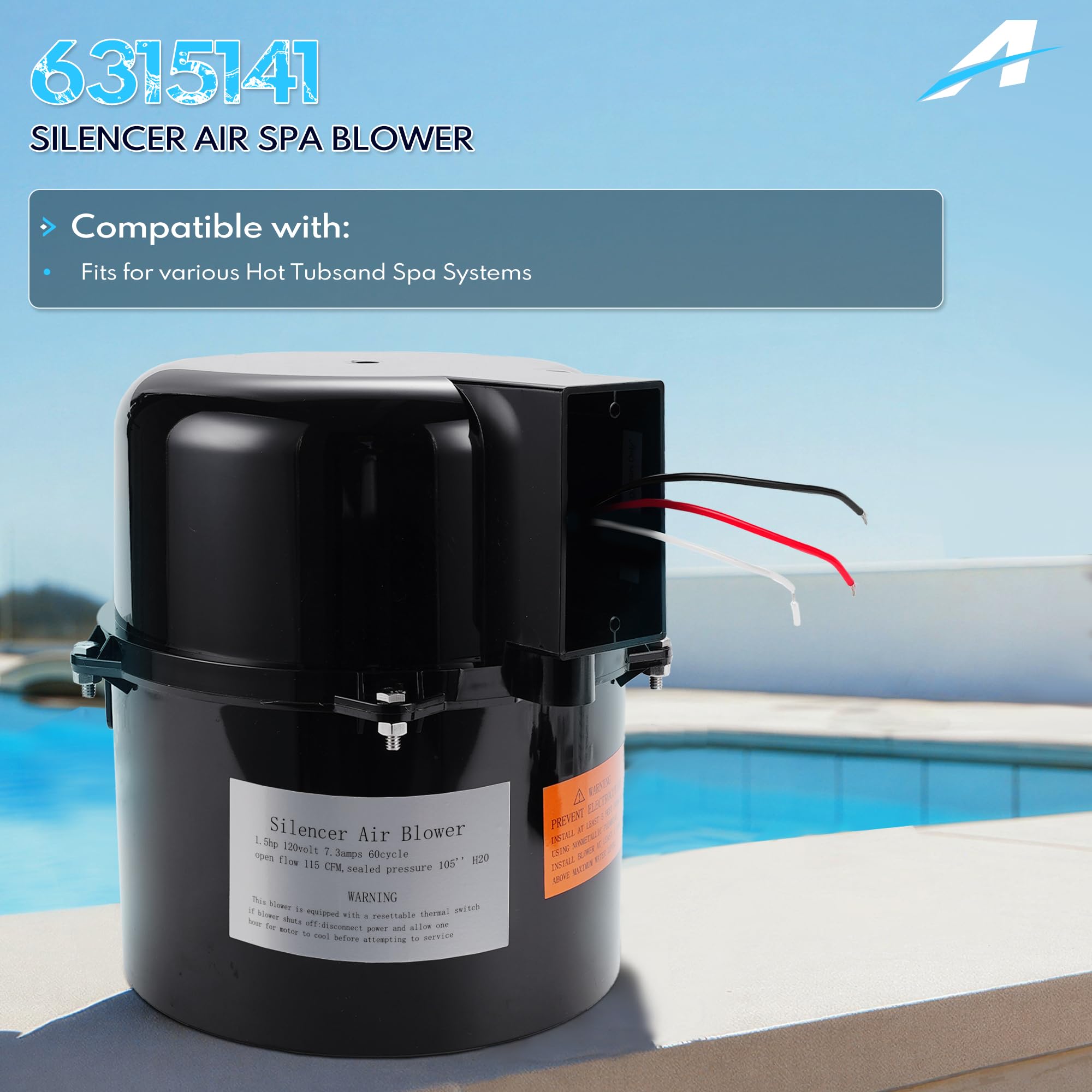 6315141 Soplador de spa silenciador de 1,5 HP para piscina y spas de 1,5 HP 120 V 7,3 A; para uso con fontanería de 2 pulgadas.