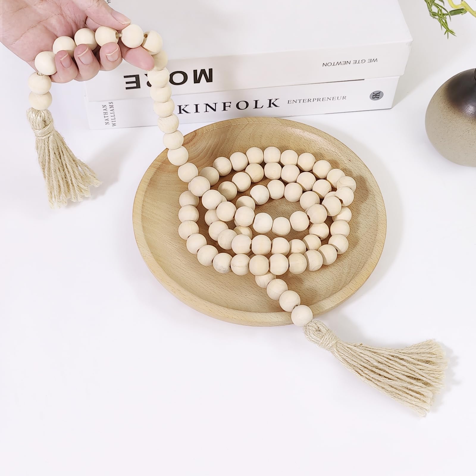 HFZRZFH 58-Inch Natural Wooden Bead Garland with Tassels - Rustic Farmhouse Boho Decor for Wall Hanging, Living Room, Bedroom, Shelf, Tray, Vase, Coffee Table, Mantel