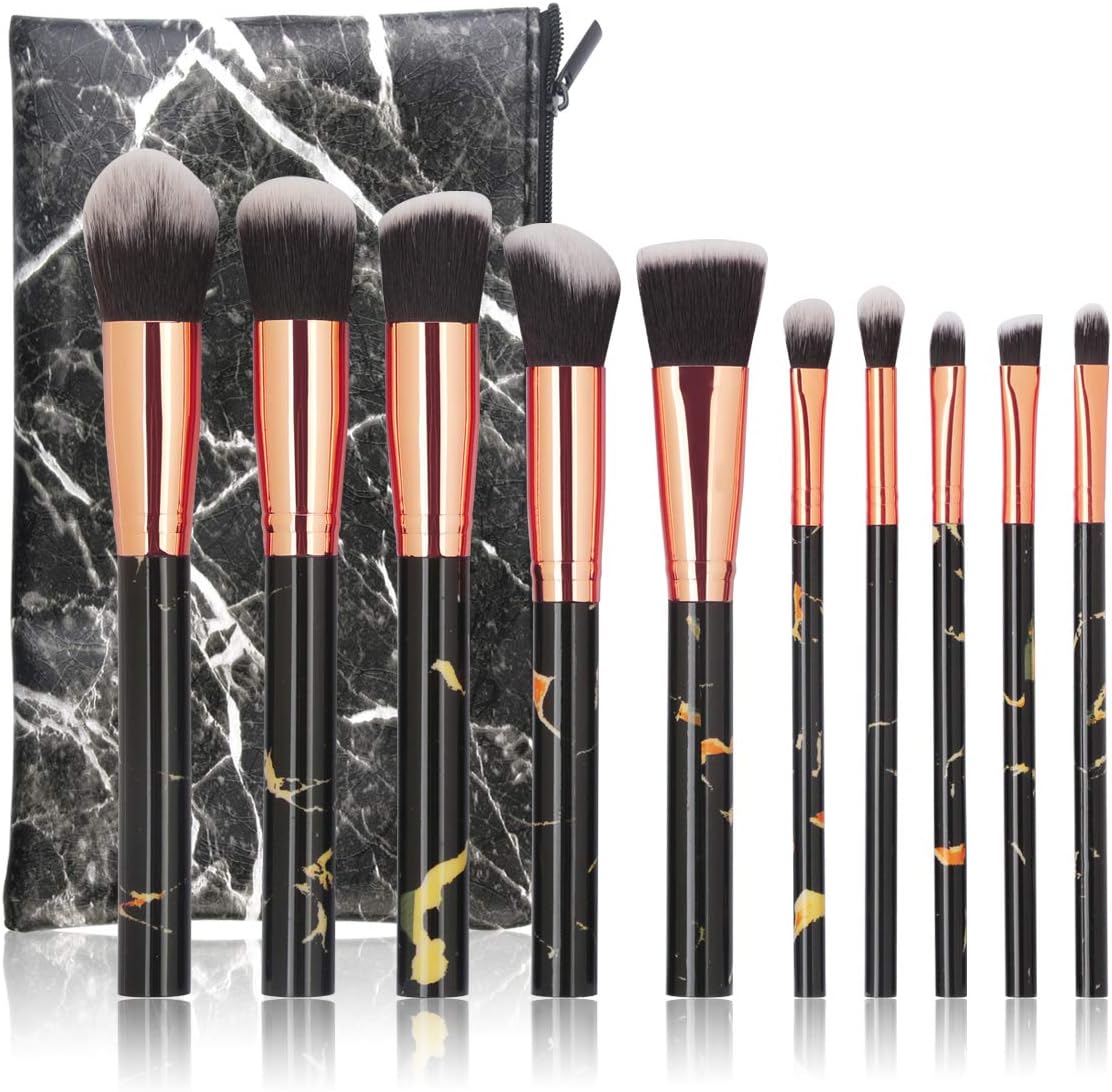 MAGEFY Makeup Brushes Set 10 Pcs Marble Makeup Brush Set with Makeup Brushes Bag Premium Synthetic Kabuki Foundation Brush Face Powder Blush Concealers Eyeshadows Cosmetic Brushes Kit,Black