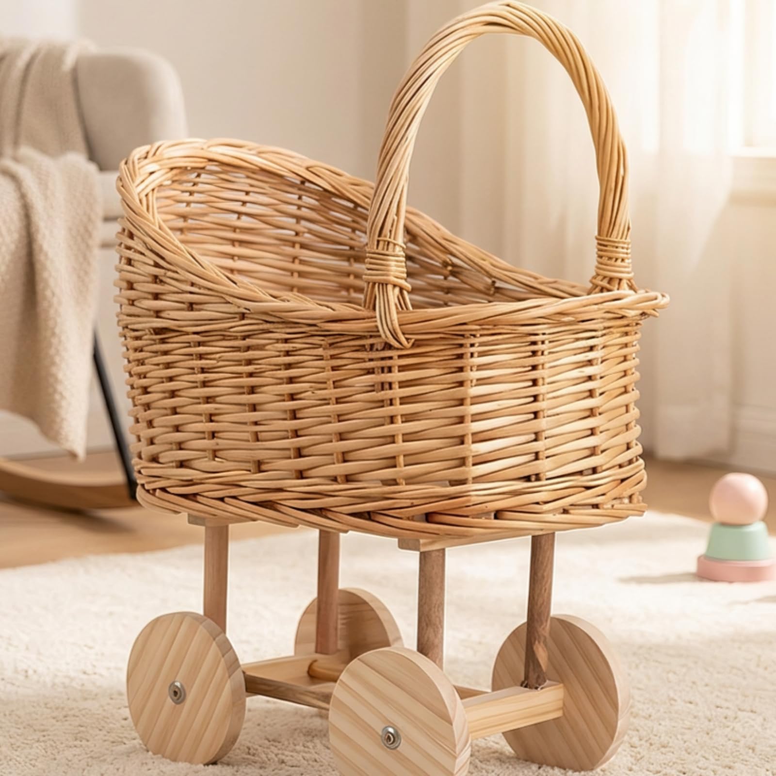 Panier Poussette Vintage en Osier Tressé Chariot Rotin Panier Bercelonnette Style Porte Bébés Poignée Haute Détails Apparents pour Vintage, Grand