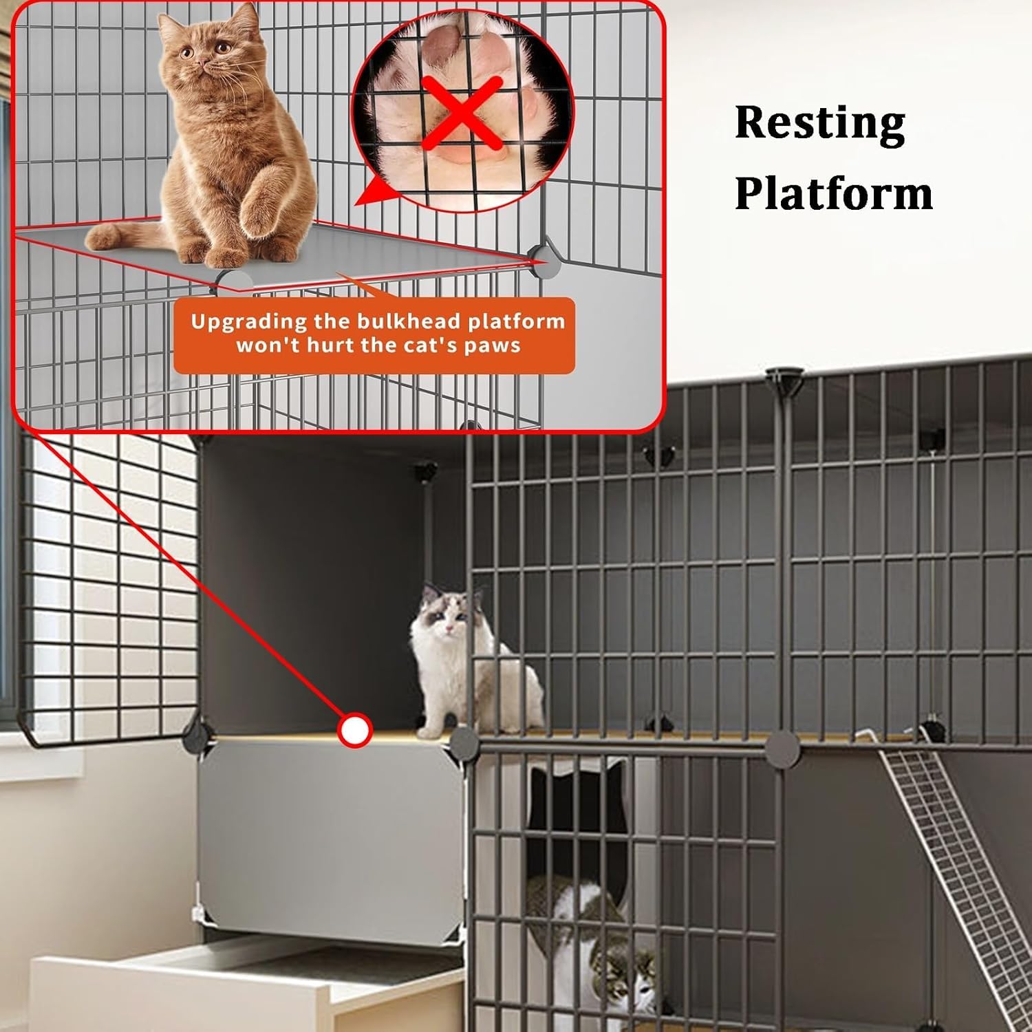Gabbia per Gatti da Interno con Lettiera, Recinti per Gatti Fai-da-Te A 3 Livelli, Casette per Gatti da Esterno Multifunzionali, Box per Gatti, Robusta Gabbia per Gattini Facile D, 111 * 39 * 109cm