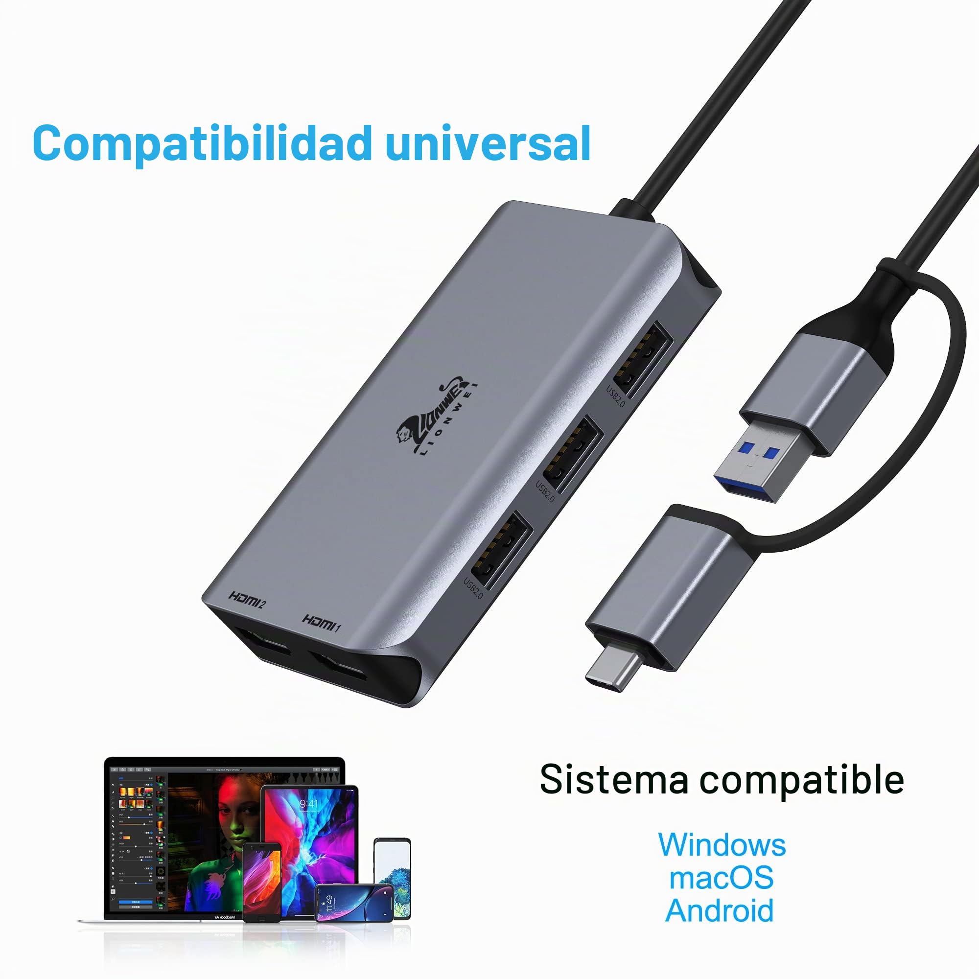 LIONWEI USB 3.0 Docking Station 2 HDMI USB C Hub Dual Monitor USB A a Dual HDMI Adaptador con 3 USB 2.0 Compatible con MacBook Pro/Air/M1/M2, Dell/HP