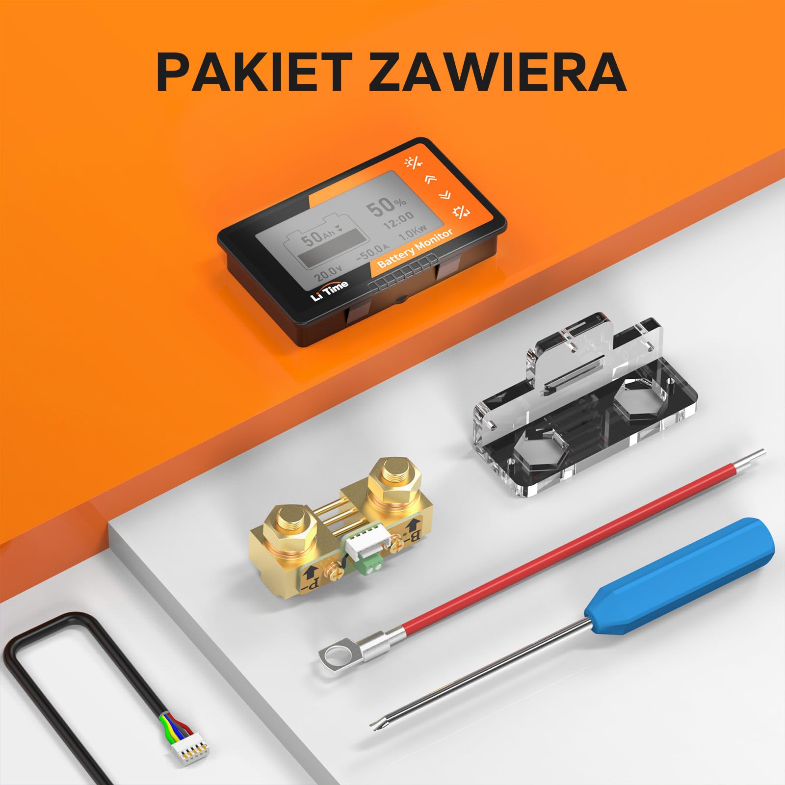 LiTime Miernik Poziomu Naładowania Akumulatora z Bocznikiem, Miernik Poziomu Naładowania Akumulatora 500A 8V-120V Podświetlanym Ekranem LCD, Alarmem Dźwiękowym dla Kamperów Motocykli Wózków Golfowych