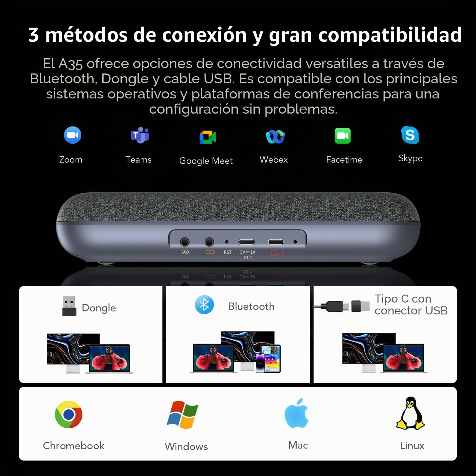 NUROUM A35 Altavoz Conferencias con Micrófono, Cancelación de Ruido Potenciada por IA, Pastilla de 32 kHz, en Cadena para Hasta 20 Personas, Altavoz Bluetooth/USB Compatible con Zoom/Teams/Google Meet