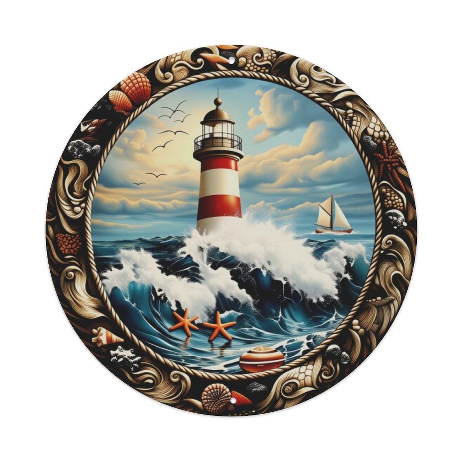 Vintage Ocean Lighthouse Seashell Coastal Round Sign Vintage Aluminium Metal Sign, Retro Wall Decor for Home, Bar, Garage & Farmhouse 20x20cm