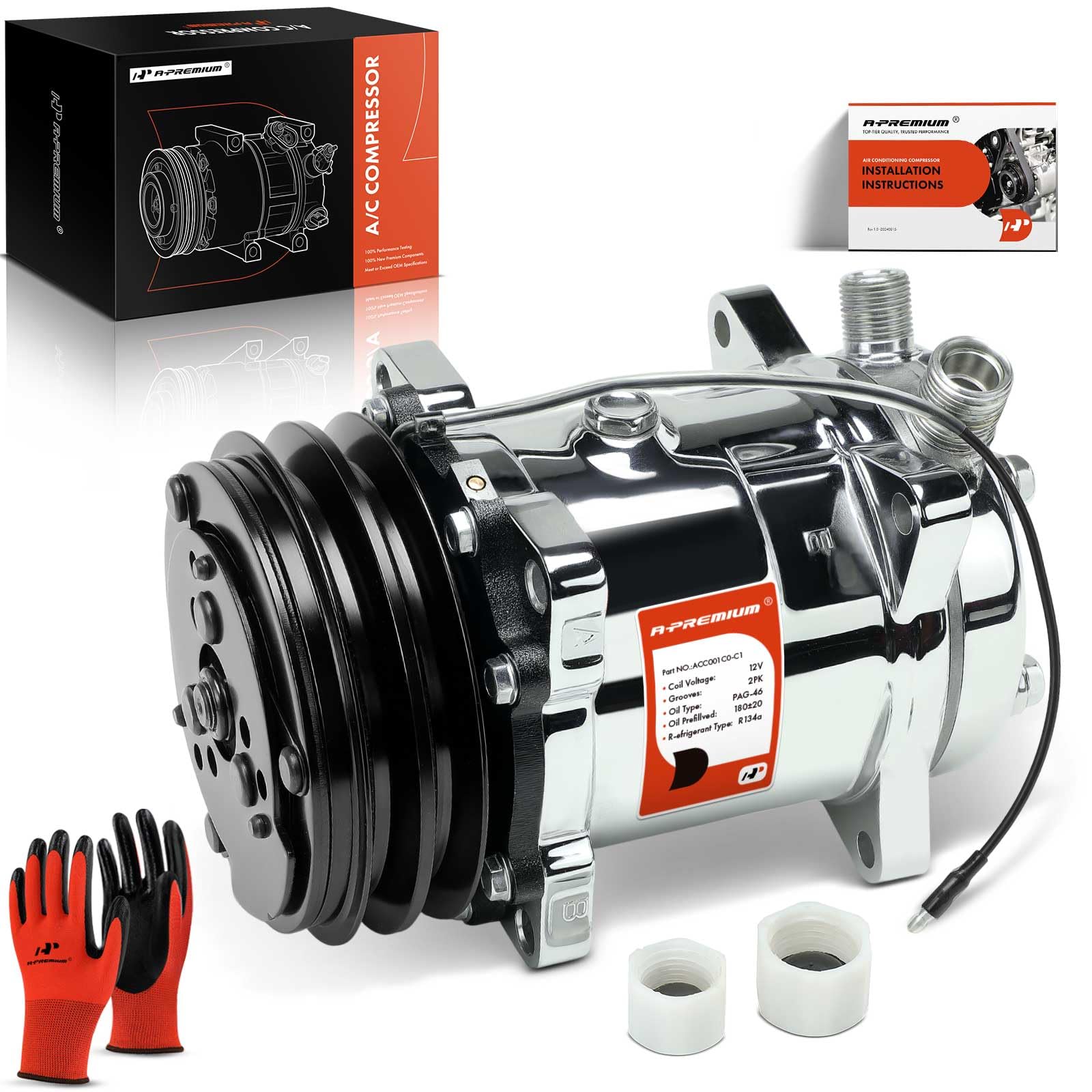 A-Premium Fit for Sanden 508 2PK Style, Universal A/C Compressor with Clutch, 2 Groove V-Belt, Chromed