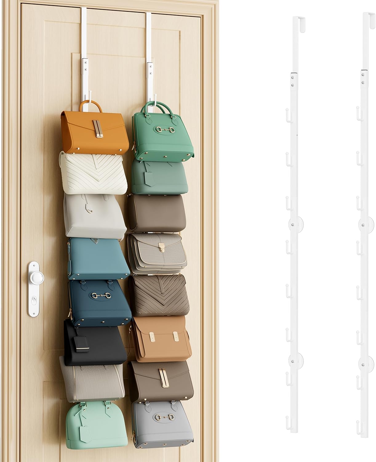 SWTYMIKI Over the Door Purse Organizer - 2 Packs Wall Mounted Purse Rack with 8 Hooks Design, Hanging Handbag Organizer Storage Holds up to 16 Bags, Bag Rack for Closet, Door (White)